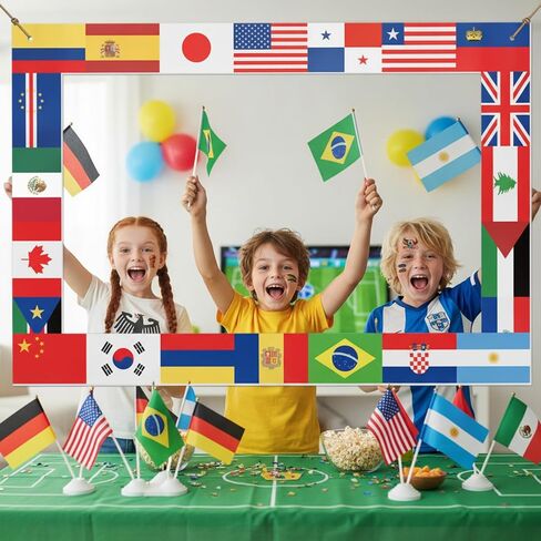 International Flag Decorations Photo Prop, Around the World Party Decor | Flags Frame Photography Booth, Temporary Tattoos and 48 Countries Handheld Flags on Stick for Country Sports Events in Kuwait