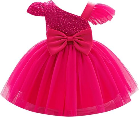 IBTOM Castle Baby Girl First Birthday One Shoulder Dress Hot Pink 18-24M | Tulle Tutu Sequin Dress, Bowknot Toddler Flower Girl Wedding Guest Christmas Formal Pageant Party Gown in Kuwait