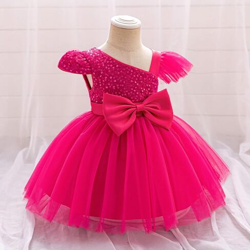 IBTOM Castle Baby Girl First Birthday One Shoulder Dress Hot Pink 18-24M | Tulle Tutu Sequin Dress, Bowknot Toddler Flower Girl Wedding Guest Christmas Formal Pageant Party Gown in Kuwait