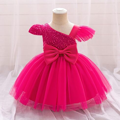 IBTOM Castle Baby Girl First Birthday One Shoulder Dress Hot Pink 18-24M | Tulle Tutu Sequin Dress, Bowknot Toddler Flower Girl Wedding Guest Christmas Formal Pageant Party Gown in Kuwait