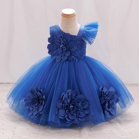 IBTOM Castle Toddler Formal Sequin Dress Royal Blue-3D Flower 18-24 Months | Baby Girls One Shoulder Pageant Tutu Dress, Bowknot, Tulle, Infant Ball Gown for First Birthday Wedding Guest Party Prom in Kuwait