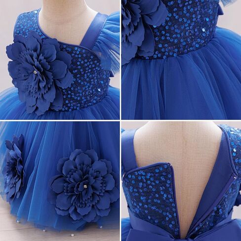 IBTOM Castle Toddler Formal Sequin Dress Royal Blue-3D Flower 18-24 Months | Baby Girls One Shoulder Pageant Tutu Dress, Bowknot, Tulle, Infant Ball Gown for First Birthday Wedding Guest Party Prom in Kuwait
