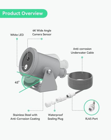 LINOVISION 4K PoE Underwater Camera with Anti-Corrosion Coating, 99ft Cable | Ultra HD IP Camera | Intuitive Web GUI & Mobile APP | for Aquaculture, Aquarium, Dams in Kuwait