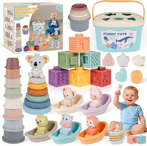 Montessori Baby Toy for Infant 6-18 Months Learning Sensory Toy 6-12 Months | Shape Sorting Stacking Toys 6 Months Babies Gift Stacking Cups Soft Blocks Stackable Ring for Toddlers 1-3 Fine Motor Skills in Kuwait