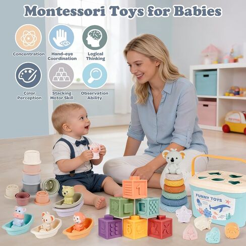 Montessori Baby Toy for Infant 6-18 Months Learning Sensory Toy 6-12 Months | Shape Sorting Stacking Toys 6 Months Babies Gift Stacking Cups Soft Blocks Stackable Ring for Toddlers 1-3 Fine Motor Skills in Kuwait