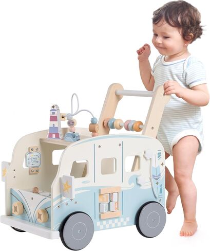 ROBOTIME Wooden Baby Walker, Baby Push Walker, Baby Activity Center Toys, Ajustable Speed Multi-Functional Baby Walker with Wheels for Boys and Girls(Vacation Bus) in Kuwait