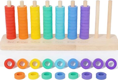 Wooden Color Sorting Stacking Toys, Montessori Toys Rainbow Rings Game, Wooden Sorting & Stacking Toys for Toddlers, Color Recognition Sensory Toy Educational for Ages 3 and Up Boys Girls Gift in Kuwait