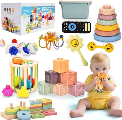 Baby Toys 6 to 12 Months 9 in 1 Montessori Teething Toys Sorting Sensory Educational Learning Gift for Toddlers Aged 1-3 in Kuwait