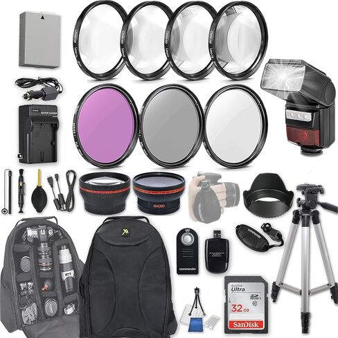 58mm 28 Pc Accessory Kit for Canon EOS Rebel T3i, T5i, 300D, 700D DSLRs with 0.43x Wide Angle Lens, 2.2X Telephoto Lens, LED-Flash, 32GB SD, Filter & Macro Kits, Backpack Case, and More in Kuwait