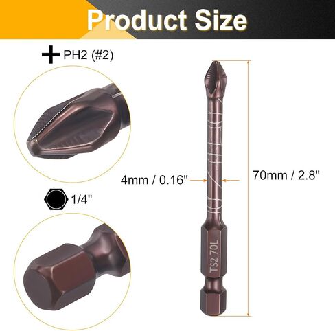 HARFINGTON 2pcs #2 Anti Slip Phillips Impact Screwdriver Bit PH2 1/4" Hex Shank 2.8" (70mm) Magnetic Cross Head Drill Bits Red Oxide S2 Steel Screw Driver Power Electric Tools, Red Brown in Kuwait