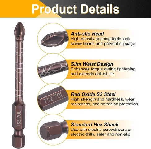 HARFINGTON 2pcs #2 Anti Slip Phillips Impact Screwdriver Bit PH2 1/4" Hex Shank 2.8" (70mm) Magnetic Cross Head Drill Bits Red Oxide S2 Steel Screw Driver Power Electric Tools, Red Brown in Kuwait