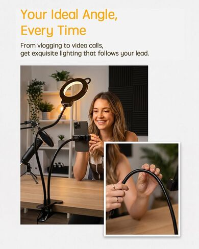 Desk Lamp, Ring Light for Laptop Desk Clip On, LED Reading Light with Clamp, Silicone Flexible Arm Book Light, Video Conference Lighting with Stand for Phone/Zoom Meeting/Video Call/Recording in Kuwait