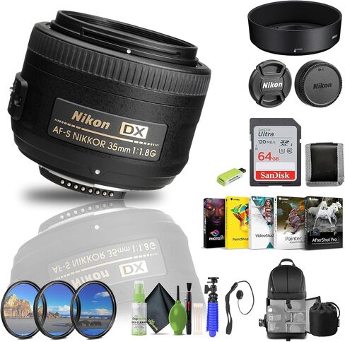 Nikon - AF-S DX NIKKOR 35mm f/1.8G Standard Lens (2183) & Tripod Bundle | For Photography & Video + 64GB Memory Card + Backpack + Cleaning Kit + Filter Kit + Card Reader + Cap Keeper in Kuwait