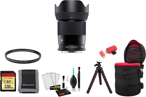 Sigma 23mm f/1.4 DC DN Contemporary Lens (Leica L) 348969 APS-C Format - Bundle with 128GB Memory Card, Tripod, and More in Kuwait
