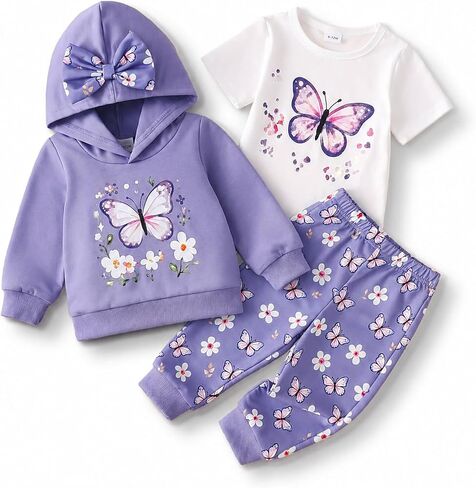 Baby Girl Clothes 3 Piece Outfit Hoodie Tee Pants Bow Floral Butterfly 0 6 12 18 24 Months 2T in Kuwait