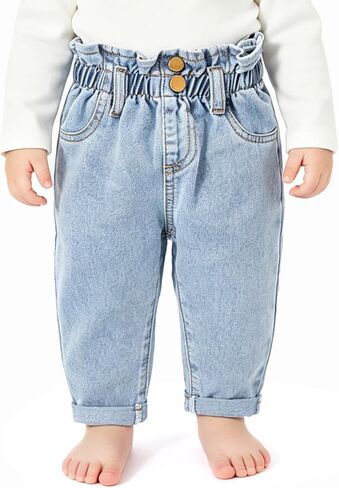 Baby Girl Jeans Little Kid Elastic Waist Denim Pants Size 6-24 Months | Elastic Waistband Jeans, Relaxed-Fit Soft Denim Jogger Pants with Side Pockets, Casual Daily Wear For Toddlers in Kuwait
