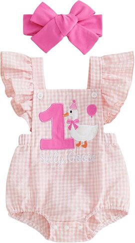Baby Girl 1st First Birthday Outfit One Silly Goose Birthday Onesie Ruffle Romper Plaid Bodysuit Cake Smash Clothes in Kuwait