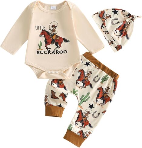 Newborn Baby Boy Western Outfit Country Buckaroo Romper and Pants Hat 3Pcs | Long Sleeve, Cowboy Print, Snap Button, Rodeo Themed Infant Boy 0-18 Months in Kuwait