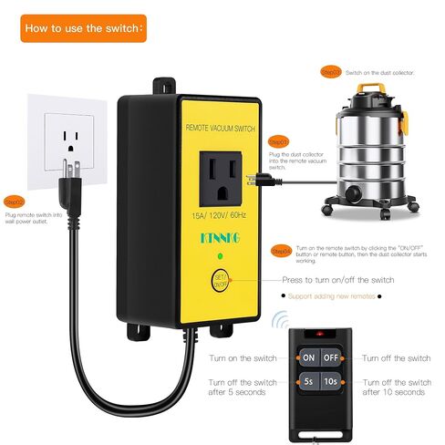 Remote Automatic Vacuum Switch, 120V Wireless Dust Collector Starter Outlet, Auto On Off Switch with 2 Remotes, Support 5S 10S Delay(Continue Clearing Debris) in Saudi Arabia