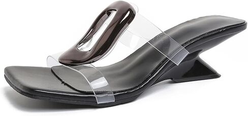 Clear Strap Wedge Heel Sandals for Women Buckle Decro Square Open Toe Low Heels Backless Mules for Casual Daily Beach Party Dress Heeled Slides in Kuwait