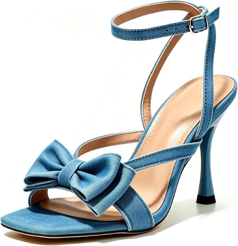 Women's High Heel Sandals Bow Open Toe Ankle Strap Stiletto Dress Shoes | Denim Style/Polka-Dot Print Dress Sandals With Bow Front Adjust Ankle Strap Square Toe Slim High Heels For Party Wear Wedding in Saudi Arabia