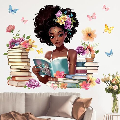 Mfault Black Girl Reading Corner Wall Decals Stickers, Watercolor Books | Floral Butterfly Back to School Classroom Nursery Decorations Art, Women Bedroom Study Room Library Decor Book Lover Gifts in Saudi Arabia