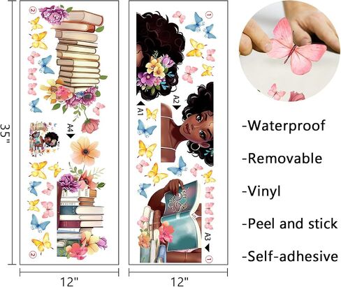 Mfault Black Girl Reading Corner Wall Decals Stickers, Watercolor Books | Floral Butterfly Back to School Classroom Nursery Decorations Art, Women Bedroom Study Room Library Decor Book Lover Gifts in Saudi Arabia