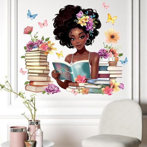 Mfault Black Girl Reading Corner Wall Decals Stickers, Watercolor Books | Floral Butterfly Back to School Classroom Nursery Decorations Art, Women Bedroom Study Room Library Decor Book Lover Gifts in Saudi Arabia