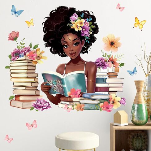 Mfault Black Girl Reading Corner Wall Decals Stickers, Watercolor Books | Floral Butterfly Back to School Classroom Nursery Decorations Art, Women Bedroom Study Room Library Decor Book Lover Gifts in Saudi Arabia