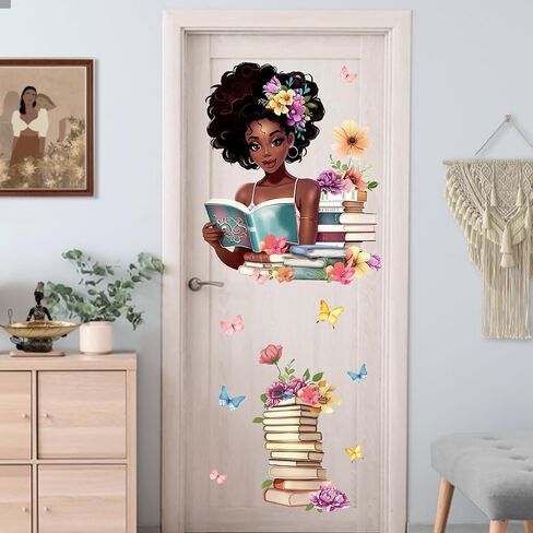 Mfault Black Girl Reading Corner Wall Decals Stickers, Watercolor Books | Floral Butterfly Back to School Classroom Nursery Decorations Art, Women Bedroom Study Room Library Decor Book Lover Gifts in Saudi Arabia
