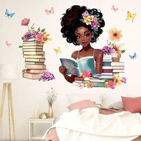 Mfault Black Girl Reading Corner Wall Decals Stickers, Watercolor Books | Floral Butterfly Back to School Classroom Nursery Decorations Art, Women Bedroom Study Room Library Decor Book Lover Gifts in Saudi Arabia