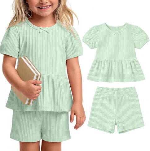 Toddler Girl Outfits 2 Pcs Set | Baby Ribbed Clothes, Summer, Cute Top and Short, Puff Short Sleeve, Ruffle, Bow, Loose, for Playground, Party, Photo, Gifts in Kuwait