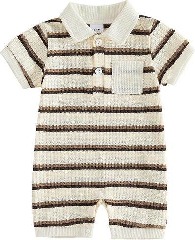 Newborn Baby Boy Summer Clothes Short Sleeve Waffle Knit Romper Lapel Polo Striped Jumpsuit One Piece Outfit 0-18M in Kuwait