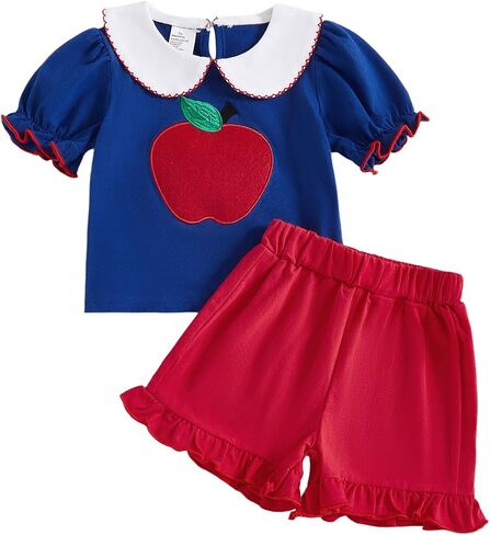Kids Little Toddler Girl Back to School Outfit Embroidery Puff Sleeve T Shirt Top Ruffle Shorts Set Summer Clothes in Kuwait