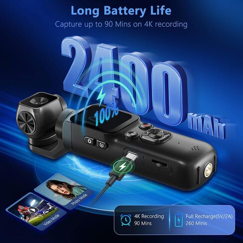 4K Pocket Camera for Vlogging,75MP Vlogging Camera with 330° Rotating Lens | WiFi,1.72" Touch Screen,Face Tracking,16GB TF Card & Tripod,Pocket Video Camera for Daily Recording in Kuwait
