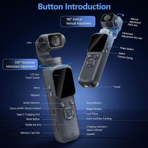 4K Pocket Camera for Vlogging,75MP Vlogging Camera with 330° Rotating Lens | WiFi,1.72" Touch Screen,Face Tracking,16GB TF Card & Tripod,Pocket Video Camera for Daily Recording in Kuwait