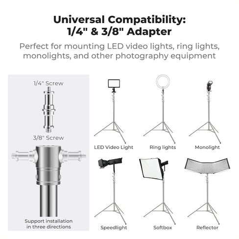 K&F CONCEPT 9.2ft/2.8m Stainless Steel Light Stand, Spring Cushioned Heavy Duty Photography Tripod Stand with 1/4" to 3/8" Universal Screw+ C Stand 10.8ft/330cm with Holding Arm Sandbag 2*Grip Head in Kuwait