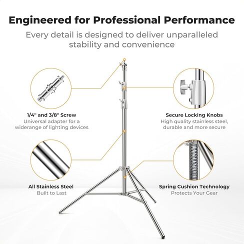 K&F CONCEPT 9.2ft/2.8m Stainless Steel Light Stand, Spring Cushioned Heavy Duty Photography Tripod Stand with 1/4" to 3/8" Universal Screw+ C Stand 10.8ft/330cm with Holding Arm Sandbag 2*Grip Head in Kuwait