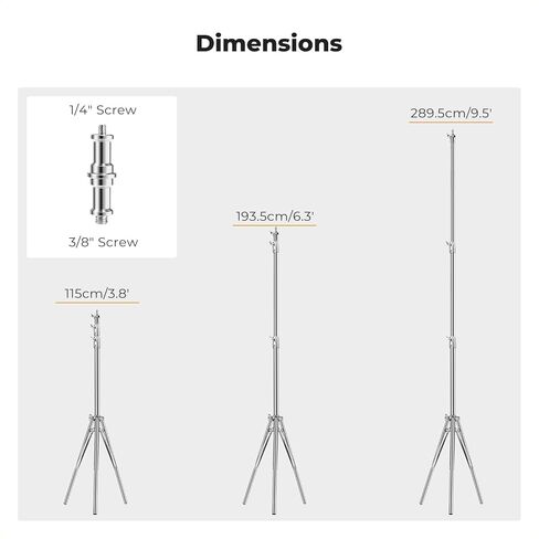 K&F CONCEPT 9.2ft/2.8m Stainless Steel Light Stand, Spring Cushioned Heavy Duty Photography Tripod Stand with 1/4" to 3/8" Universal Screw+ C Stand 10.8ft/330cm with Holding Arm Sandbag 2*Grip Head in Kuwait