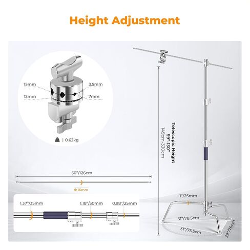 K&F CONCEPT 9.2ft/2.8m Stainless Steel Light Stand, Spring Cushioned Heavy Duty Photography Tripod Stand with 1/4" to 3/8" Universal Screw+ C Stand 10.8ft/330cm with Holding Arm Sandbag 2*Grip Head in Kuwait