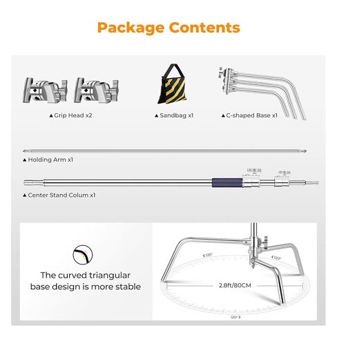 K&F CONCEPT 9.2ft/2.8m Stainless Steel Light Stand, Spring Cushioned Heavy Duty Photography Tripod Stand with 1/4" to 3/8" Universal Screw+ C Stand 10.8ft/330cm with Holding Arm Sandbag 2*Grip Head in Kuwait