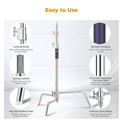 K&F CONCEPT 9.2ft/2.8m Stainless Steel Light Stand, Spring Cushioned Heavy Duty Photography Tripod Stand with 1/4" to 3/8" Universal Screw+ C Stand 10.8ft/330cm with Holding Arm Sandbag 2*Grip Head in Kuwait