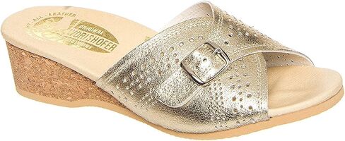 Worishofer Women's 251 Comfort Wedge Sandal Gold Leather Slip On Granny Slipper (5, Gold) in Kuwait