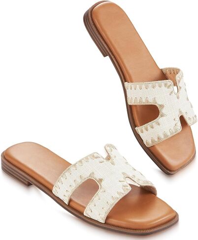 Womens Sandals Slip On Fashion Flat Sandals Soft Memory Foam Slides Comfortable Leather Open Toe Slide For Summer Dressy 2026 Lafite-print Size 11 in Kuwait