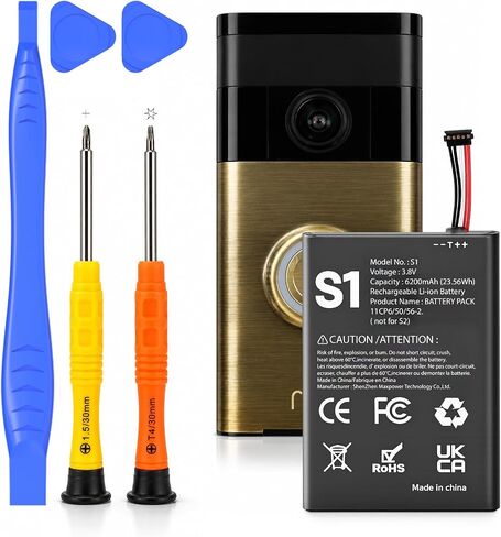 SHENMZ 6200mAh Battery Replacement for Ring Doorbell S1 5-Pin + Tools | for Ring Camera Doorbell Model 2nd Generation (2020 Release) 5UM5E5 Video Doorbells Gen 2 (5 Pin Version ONLY) in Kuwait