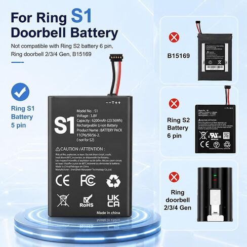 SHENMZ 6200mAh Battery Replacement for Ring Doorbell S1 5-Pin + Tools | for Ring Camera Doorbell Model 2nd Generation (2020 Release) 5UM5E5 Video Doorbells Gen 2 (5 Pin Version ONLY) in Kuwait