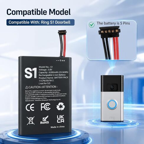 SHENMZ 6200mAh Battery Replacement for Ring Doorbell S1 5-Pin + Tools | for Ring Camera Doorbell Model 2nd Generation (2020 Release) 5UM5E5 Video Doorbells Gen 2 (5 Pin Version ONLY) in Kuwait