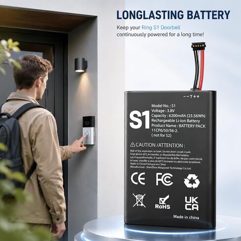 SHENMZ 6200mAh Battery Replacement for Ring Doorbell S1 5-Pin + Tools | for Ring Camera Doorbell Model 2nd Generation (2020 Release) 5UM5E5 Video Doorbells Gen 2 (5 Pin Version ONLY) in Kuwait
