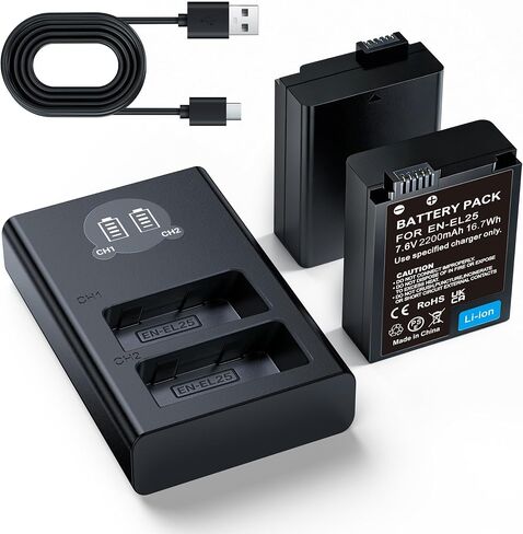 2-Pack 2200mAh EN-EL25 Replacement Battery with LCD Dual Slot Charger, Compatible with Nikon Z30, Z50, ZFC, and Z50ii Cameras, Enhanced EN-EL25 Batteries with Long Battery Life for Extended Shooting in Kuwait
