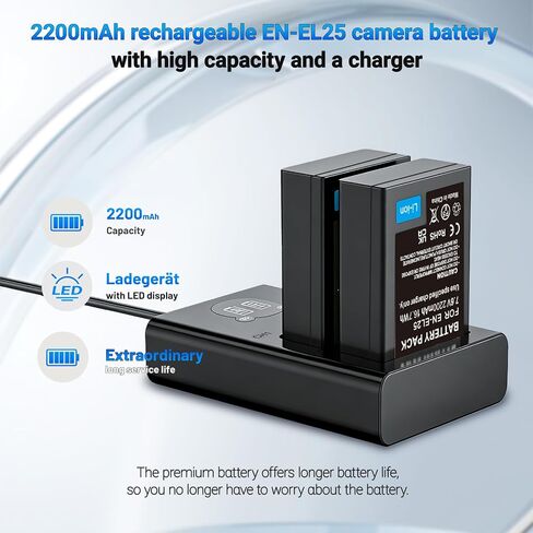 2-Pack 2200mAh EN-EL25 Replacement Battery with LCD Dual Slot Charger, Compatible with Nikon Z30, Z50, ZFC, and Z50ii Cameras, Enhanced EN-EL25 Batteries with Long Battery Life for Extended Shooting in Kuwait